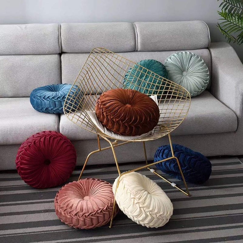 Teieas Round Throw Pillow Velvet Home Decoration Pleated Round Pillow Cushion for Couch Chair Bed Car Beige - Image 5